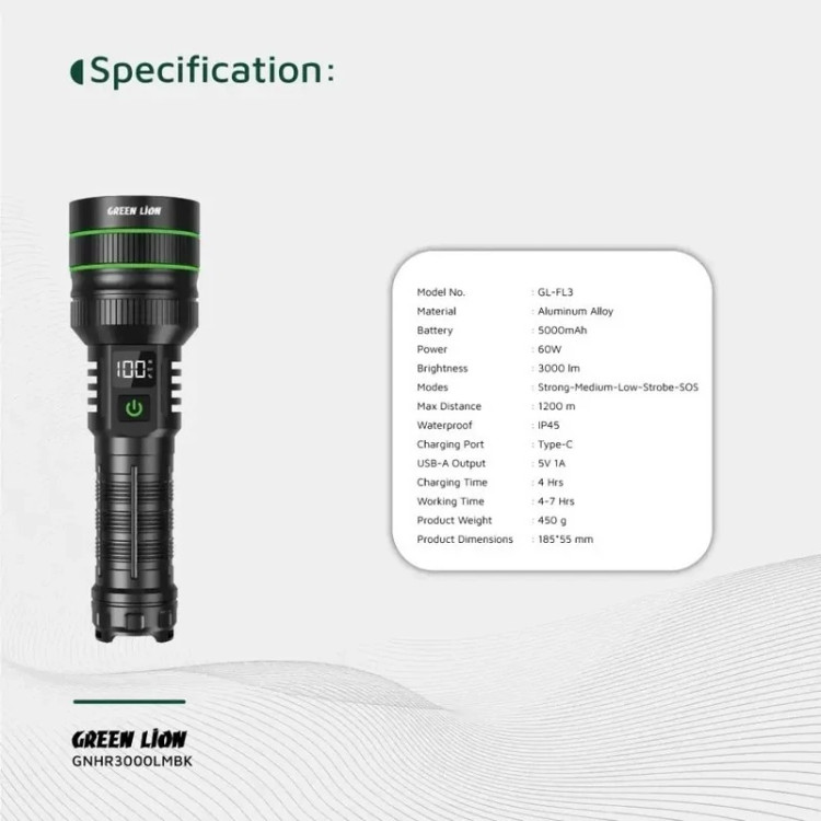 چراغ قوه 3 هزار لومنی با برد 1200 متر گرین لاین مدل GNHR3000LMBK