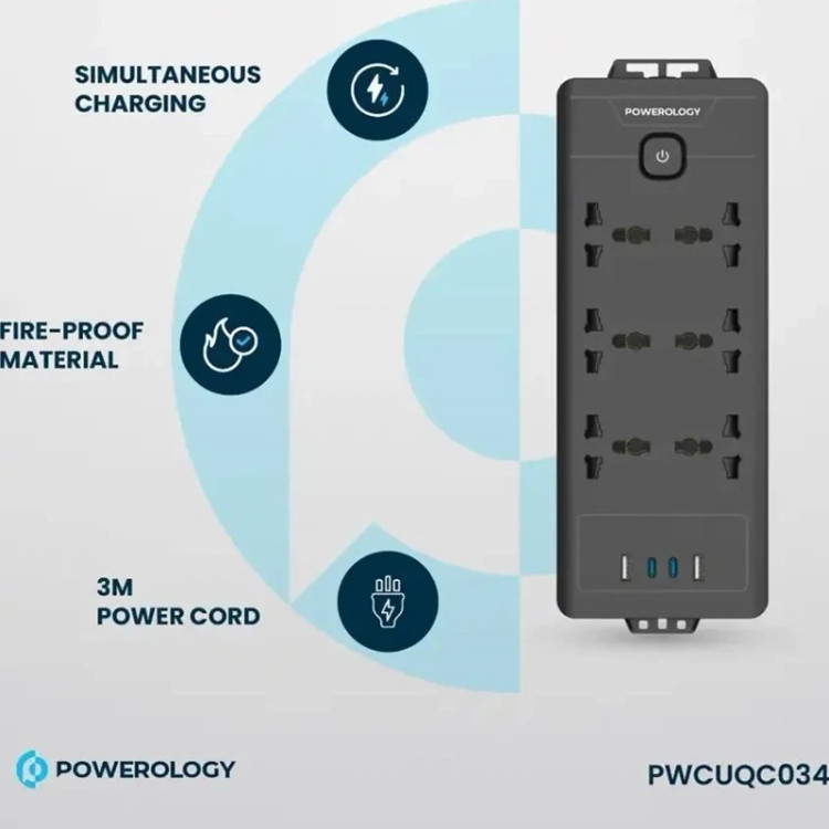 چندراهی برق پاورولوژی مدل PWCUQC034 ظرفیت 2500 وات با 6 پریز