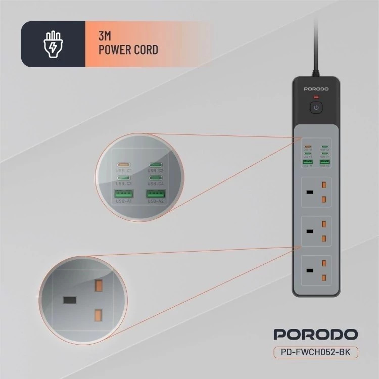چند راهی برق هوشمند Porodo PD-FWCH052 3AC 45W 3000W