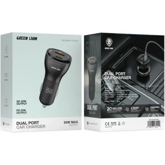 شارژر فندکی دو پورت Dual Port Car Charger 50W (PD 30W + QC 20W) گرین لاین