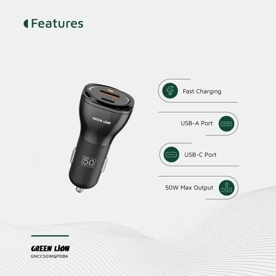 شارژر فندکی دو پورت Dual Port Car Charger 50W (PD 30W + QC 20W) گرین لاین
