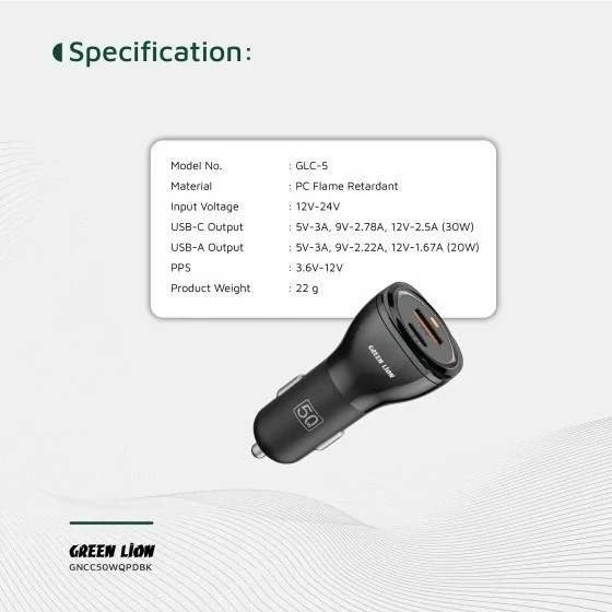 شارژر فندکی دو پورت Dual Port Car Charger 50W (PD 30W + QC 20W) گرین لاین