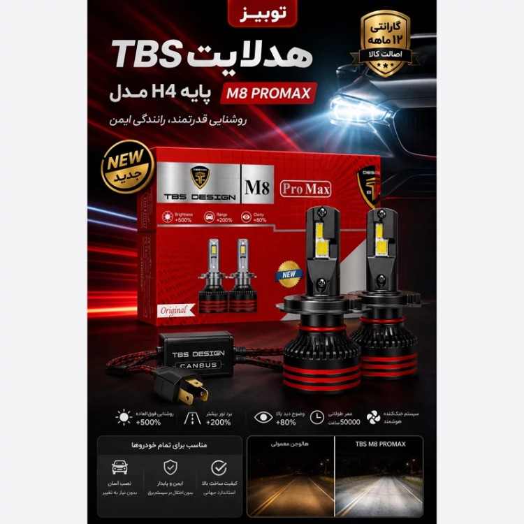 هدلایت توبیز پایه H4 مدل M8 PROMAX با گارانتی