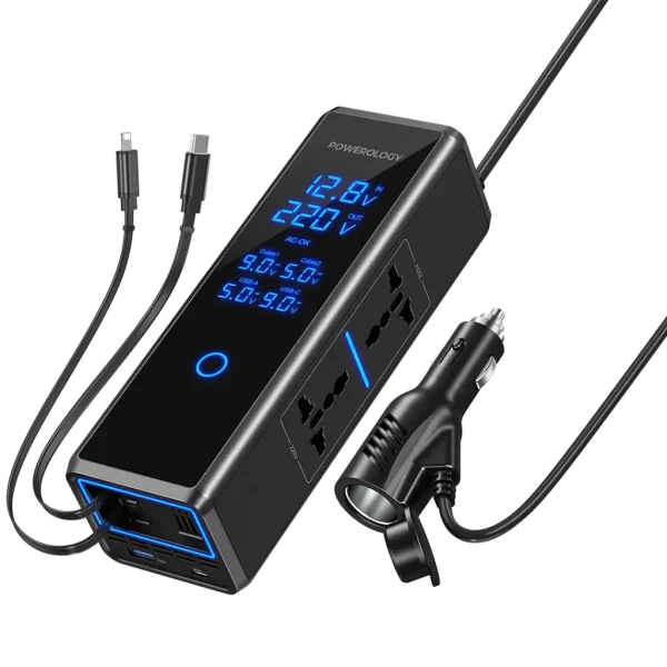اینورتر فندکی خودرو 300 واتی پاورولوژی با صفحه نمایش و کابل جمع شونده مدل PWCPI300W