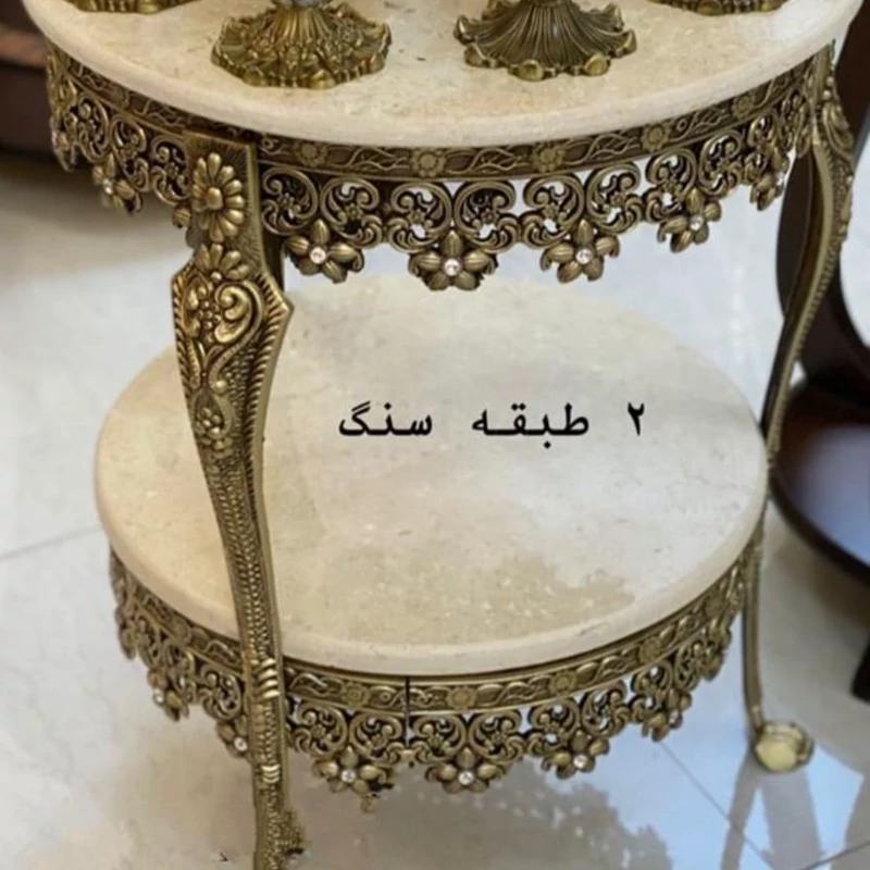 میز دوطبقه تلفن قطر 40 سانت با وزن تقریبی 6 کیلوگرم و رنگ انتیک و طلایی ضدخش