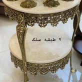 میز دوطبقه تلفن قطر 40 سانت با وزن تقریبی 6 کیلوگرم و رنگ انتیک و طلایی ضدخش