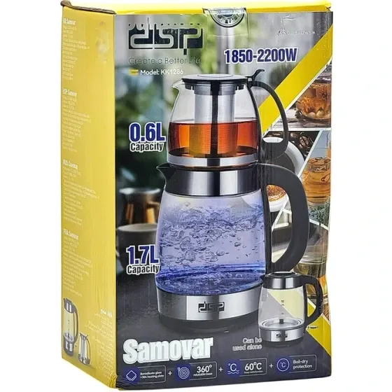 چایساز روهمی DSP مدل KK1286 | توان 2200 وات | کتری 1.7 لیتری + قوری 0.6 لیتری