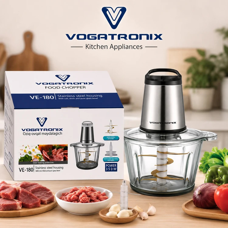 خردکن برقی ووگاترونیکس مدل VE-180 | موتور 350 وات | کاسه شیشهای 3 لیتری | 6 تیغه تیتانیومی