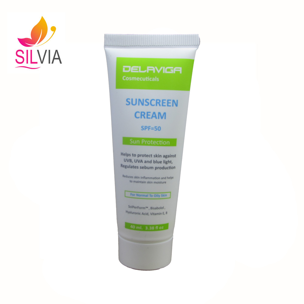 کرم ضد آفتاب با SPF50 مناسب پوست های معمولی تا چرب دلاویگا 40 میل