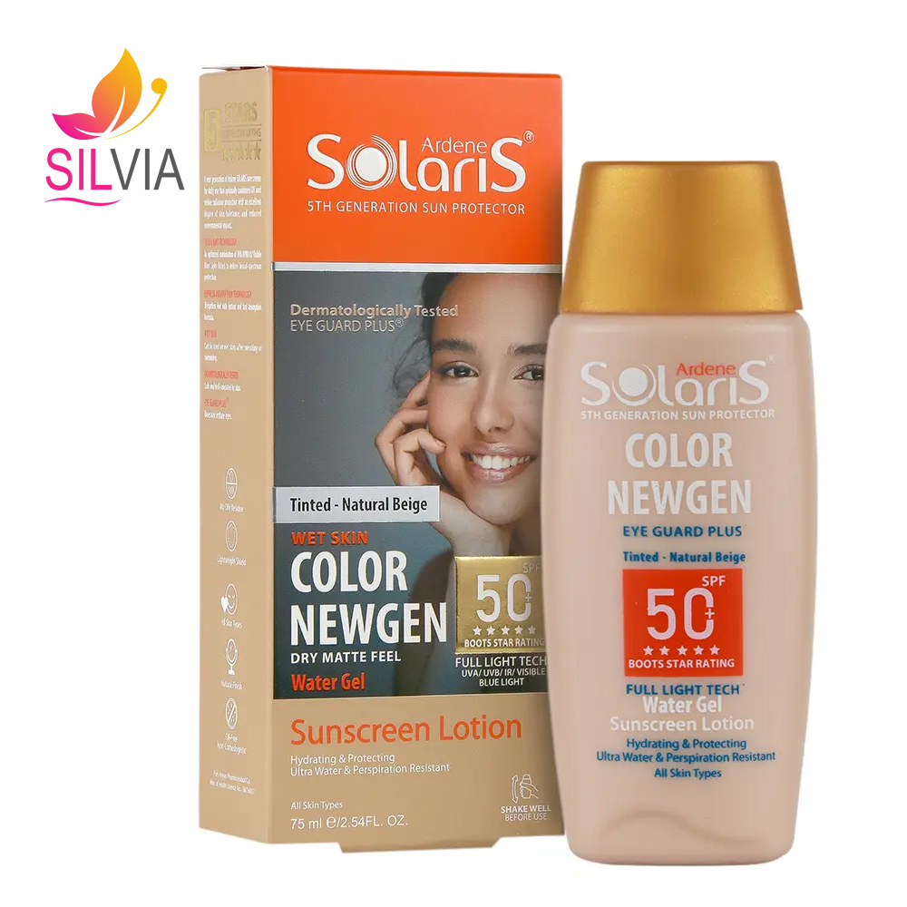 لوسیون آبی ضد آفتاب فاقد چربی رنگی بژ طبیعی SPF50 سولاریس آردن 75 میل