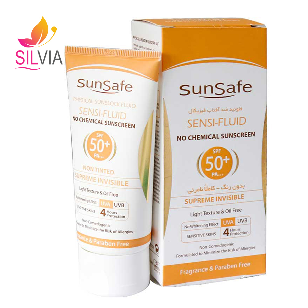فلوئید ضد آفتاب فیزیکال پوست حساس بی رنگ SPF50 سان سیف 50 میل