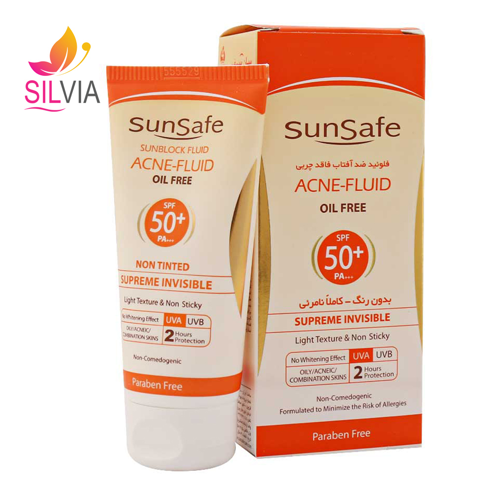 فلوئید ضد آفتاب فاقد چربی پوست چرب و آکنهای بی رنگ SPF50 سان سیف 50 میل
