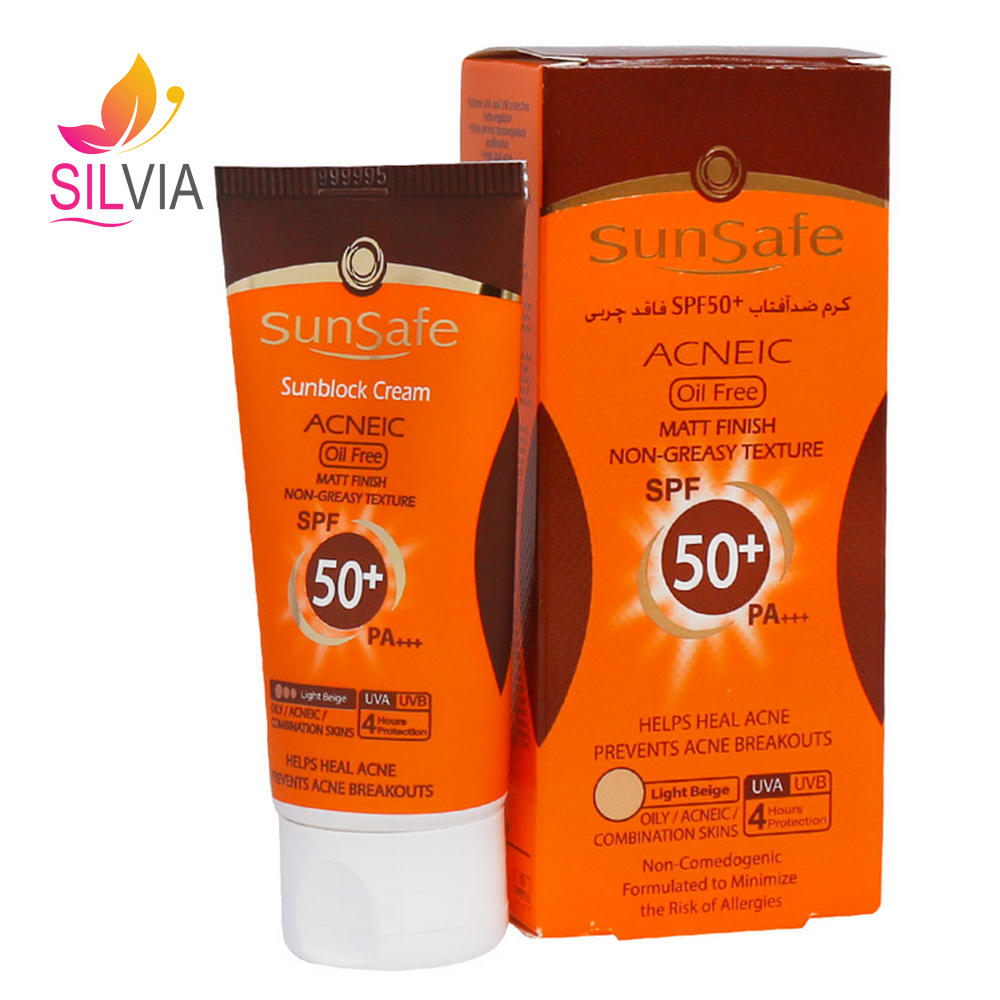 کرم ضد آفتاب فاقد چربی پوست چرب و آکنهای بژ روشن SPF50 سان سیف 50 میل