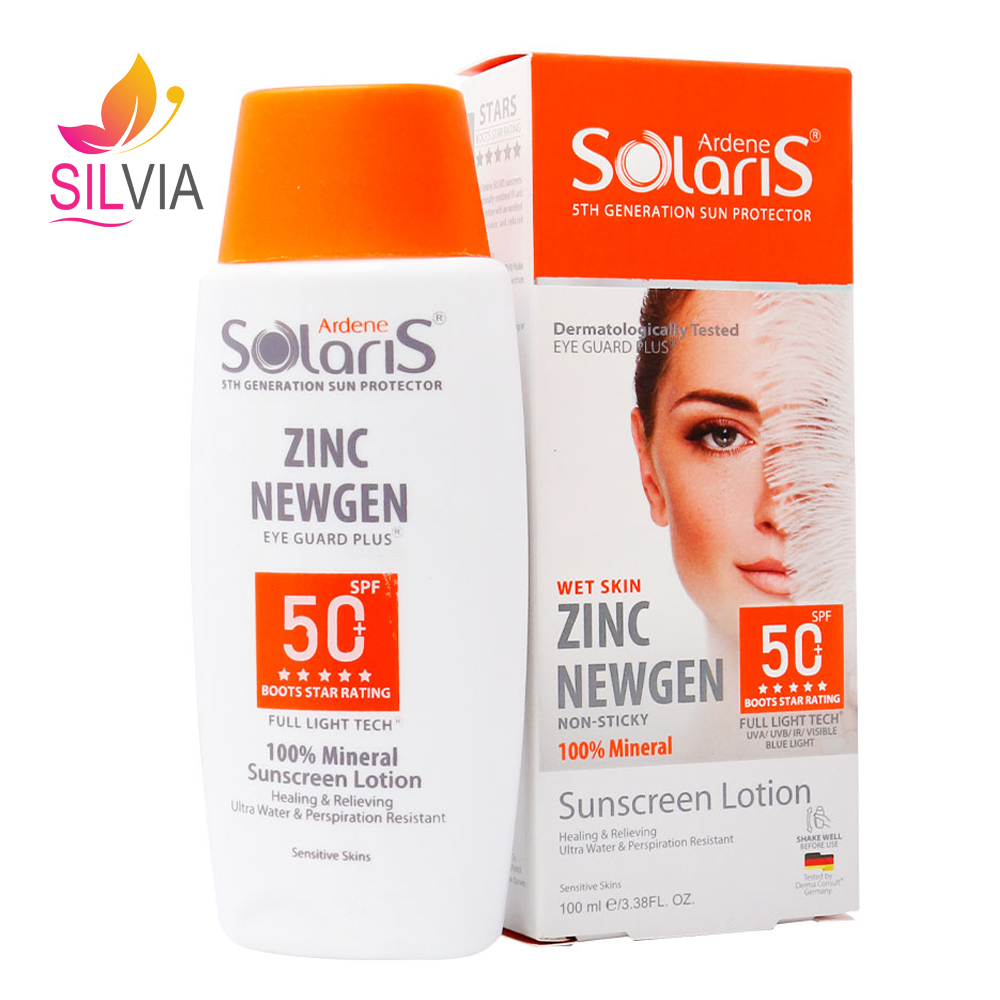 لوسیون ضد آفتاب و التیام بخش پوست حساس بی رنگ SPF50 (zinc newgen) سولاریس آردن 100 میل