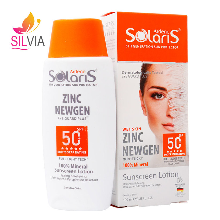 لوسیون ضد آفتاب و التیام بخش پوست حساس بی رنگ SPF50 (zinc newgen) سولاریس آردن 100 میل