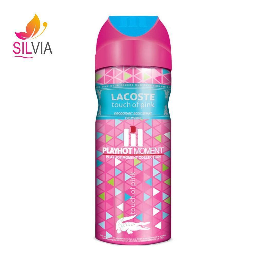 اسپری دئودورانت زنانه پلی هات مومنت مدل Lacoste Touch Of Pink