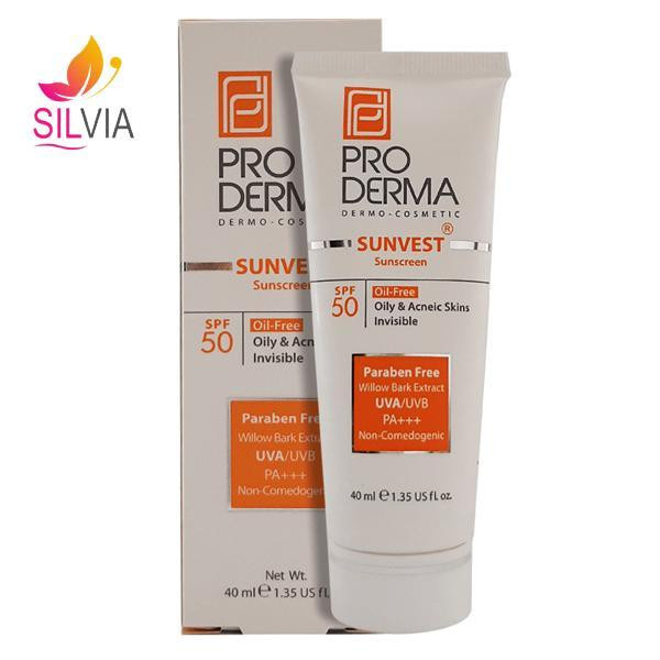 کرم ضد آفتاب فاقد چربی پوست های چرب و جوشدار بی رنگ SPF50 پرودرما 40 میل