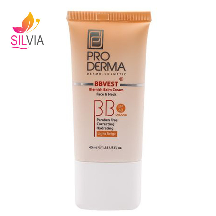 بی بی کرم پوشاننده و مرطوب کننده صورت رنگی بژ روشن پوست های چرب و جوشدار SPF40 پرودرما 40 میل