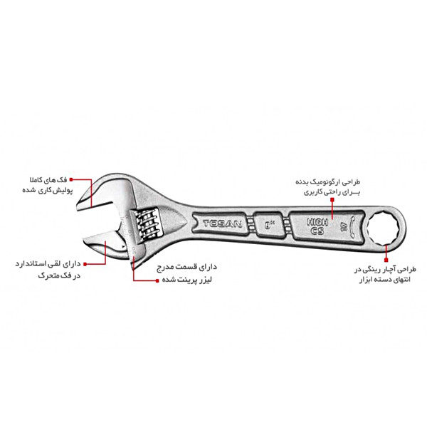 آچار فرانسه توسن کد AFTN008 سایز 8 اینچ توس