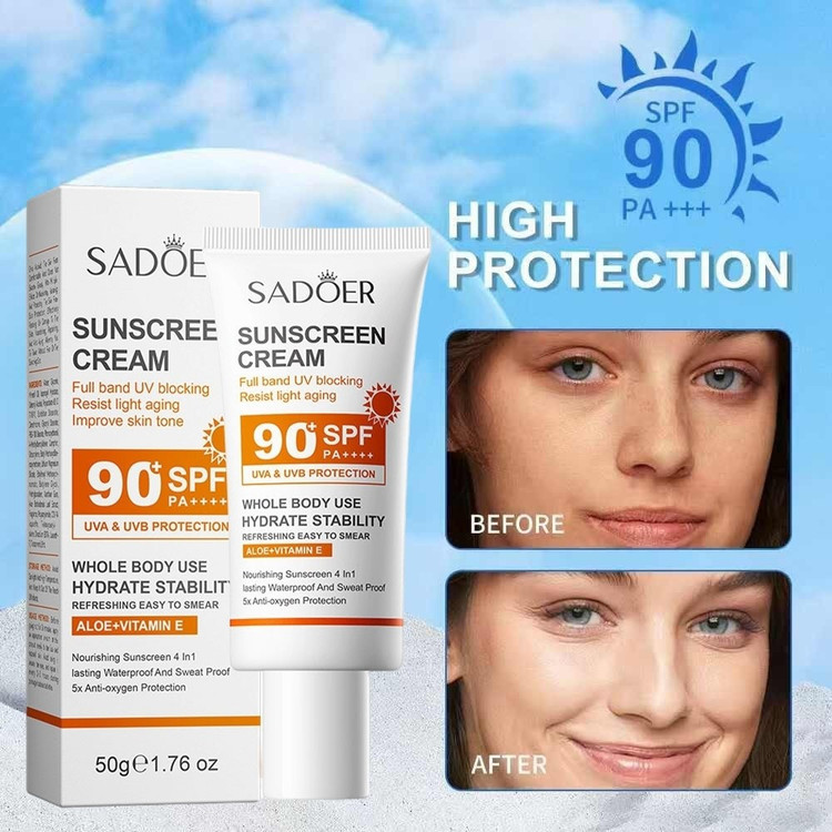 کرم ضد آفتاب بدون رنگ صورت و بدن سادور SPF 90 مدل آلوئه ورا و ویتامین E محافظ UVA ،UVB و PA مناسب برای انواع پوست