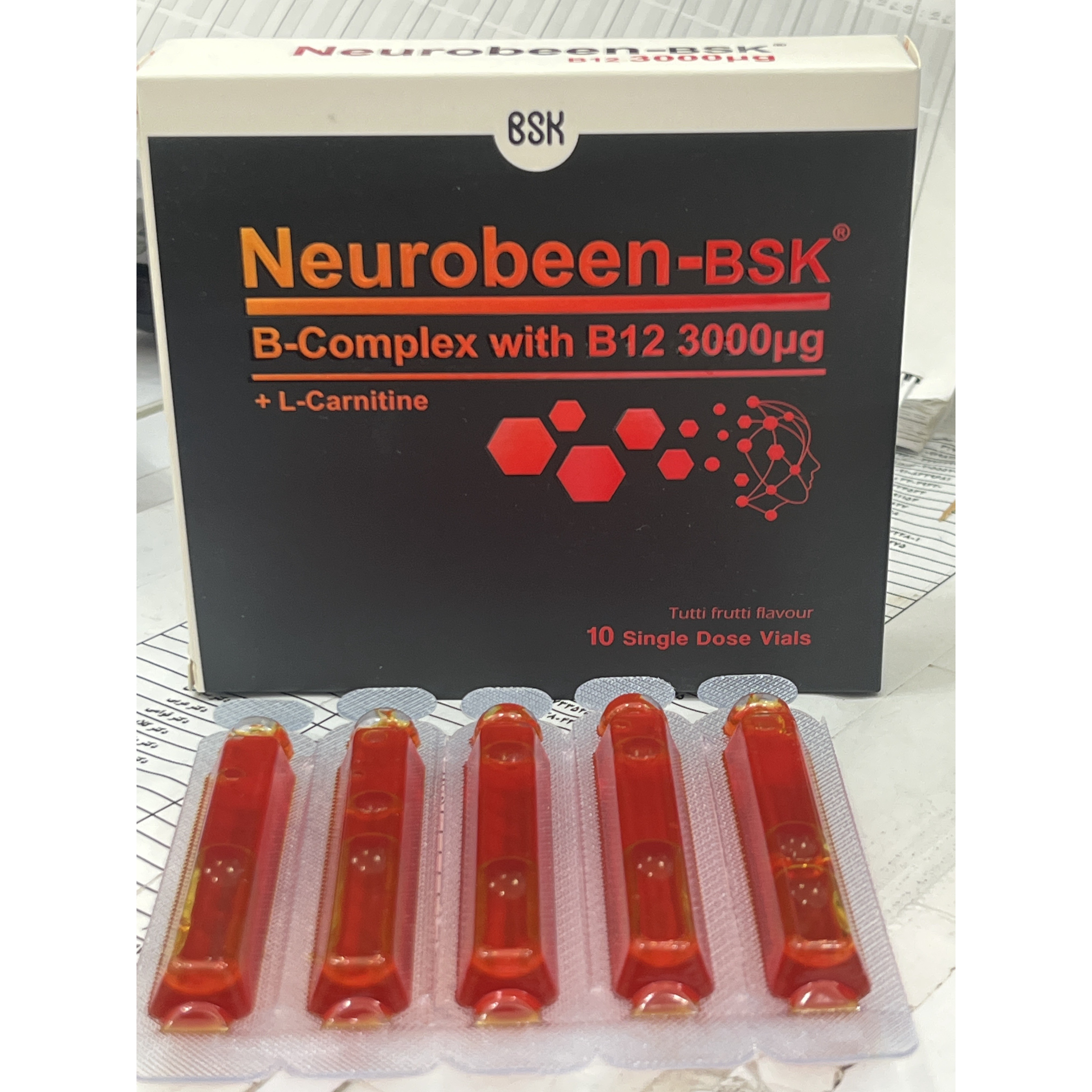 ویال خوراکی نوروبین BSK ب کمپلکس با ویتامین B12 3000 میکروگرم و ال-کارنیتین 10 ویال تک دوز