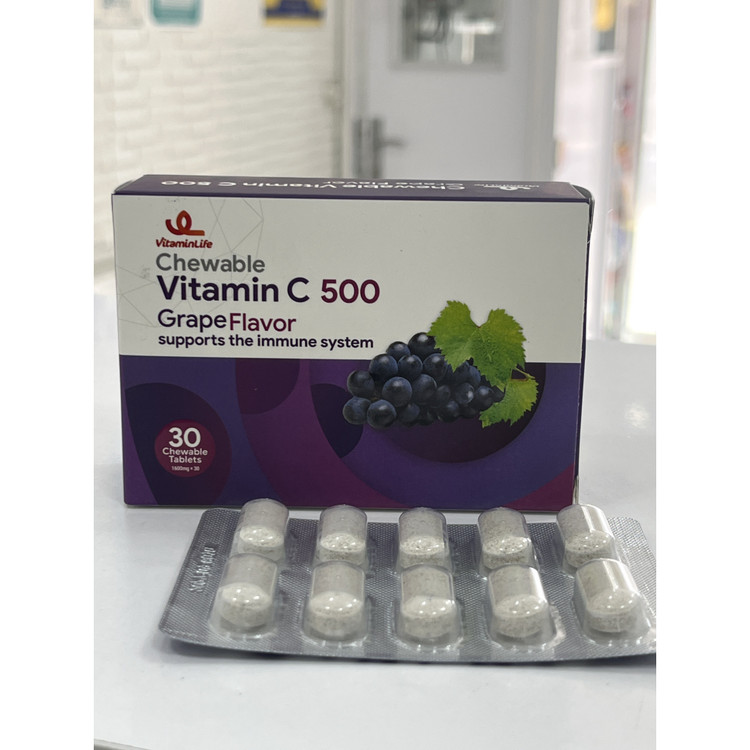 قرص جویدنی ویتامین C 500 ویتامین لایف در پنج طعم میوه ای 30 عدد