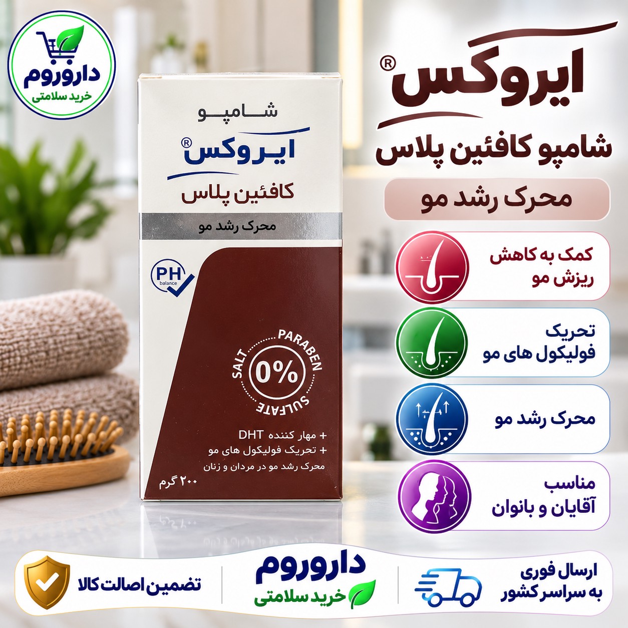 شامپو کافئین پلاس ایروکس کمک به کاهش ریزش و تحریک رشد مو 200 گرم