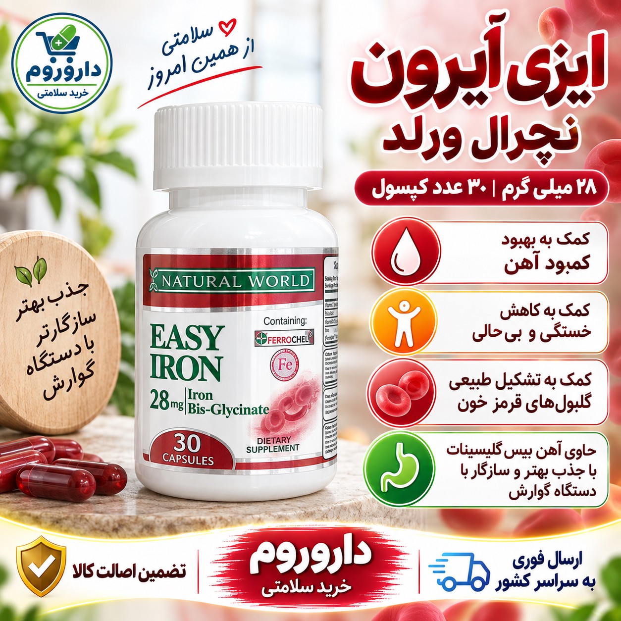 کپسول ایزی آیرون نچرال ورلد کمک به کم خونی ناشی از کمبود آهن 30 عددی