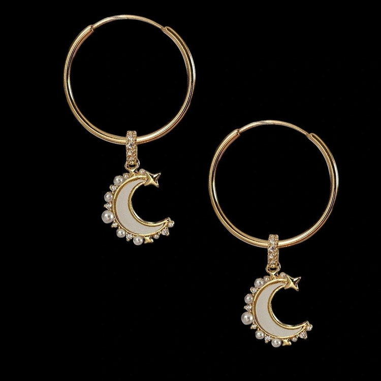 گوشواره طلا 18عیار حلقه ای آویز ماه صدف 1.520گرم